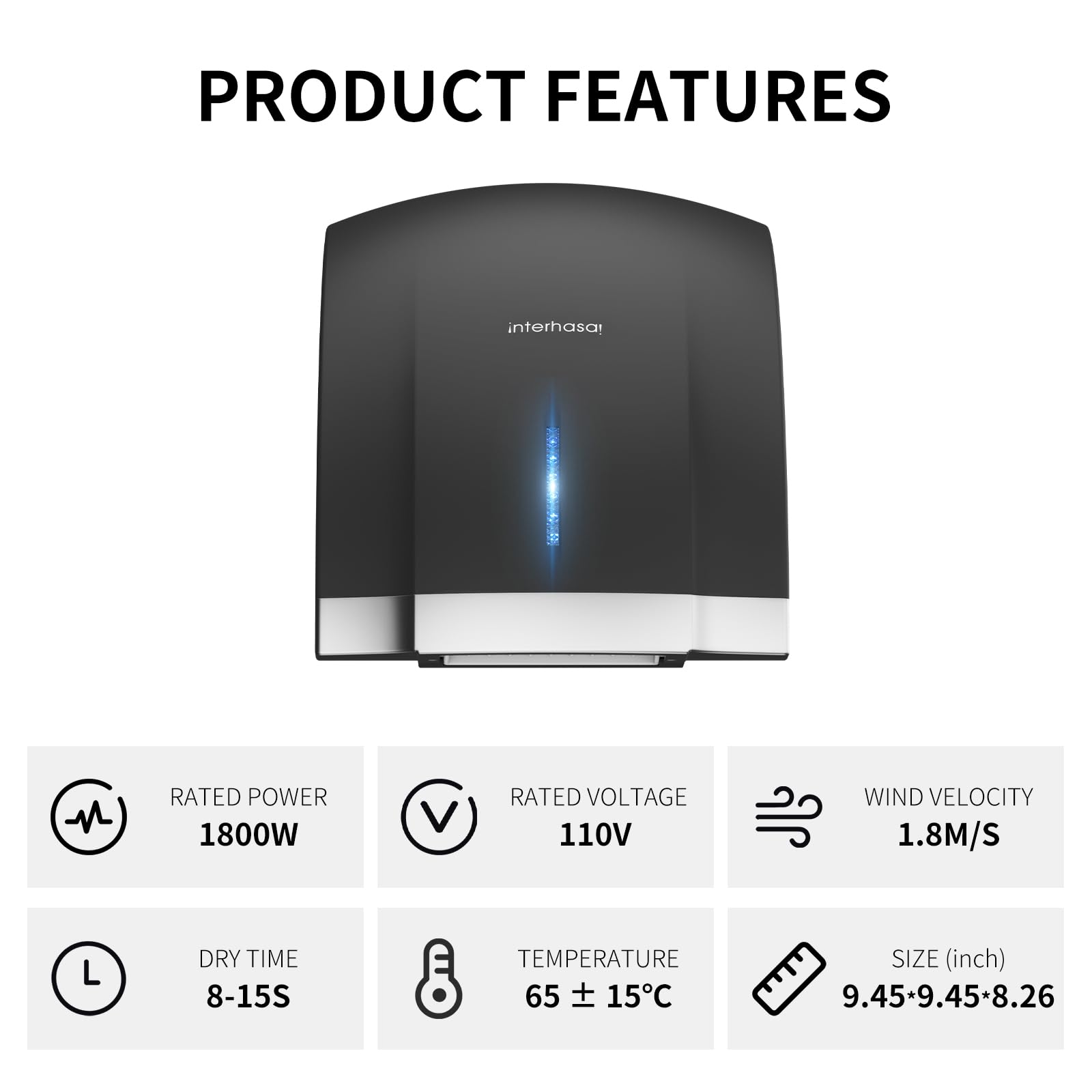 interhasa! Asciugamani Automatico con sensore a infrarossi per Il Bagno di casa, Extra Silenzioso, Basso Rumore (40 Db), Asciugamani a Parete, Coperchio Compatto in ABS,1800W (Nero)