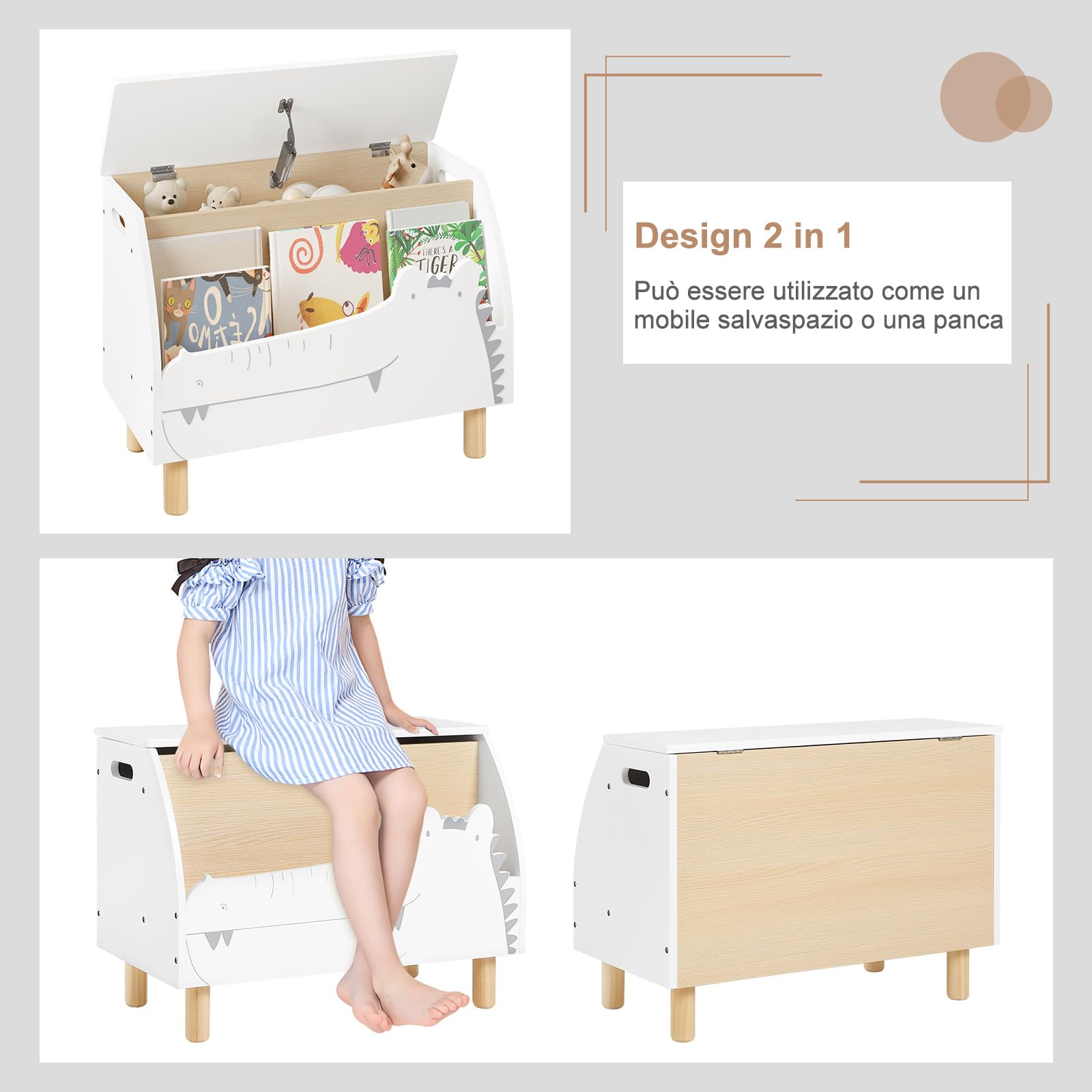 WOLTU Panca Contenitore per Bambini, Contenitore Porta Giocattoli in Legno a Coccodrillo, Cassapanca con Scomparto Chiuso e Aperto, Bianco, 49,5x30x44,5cm