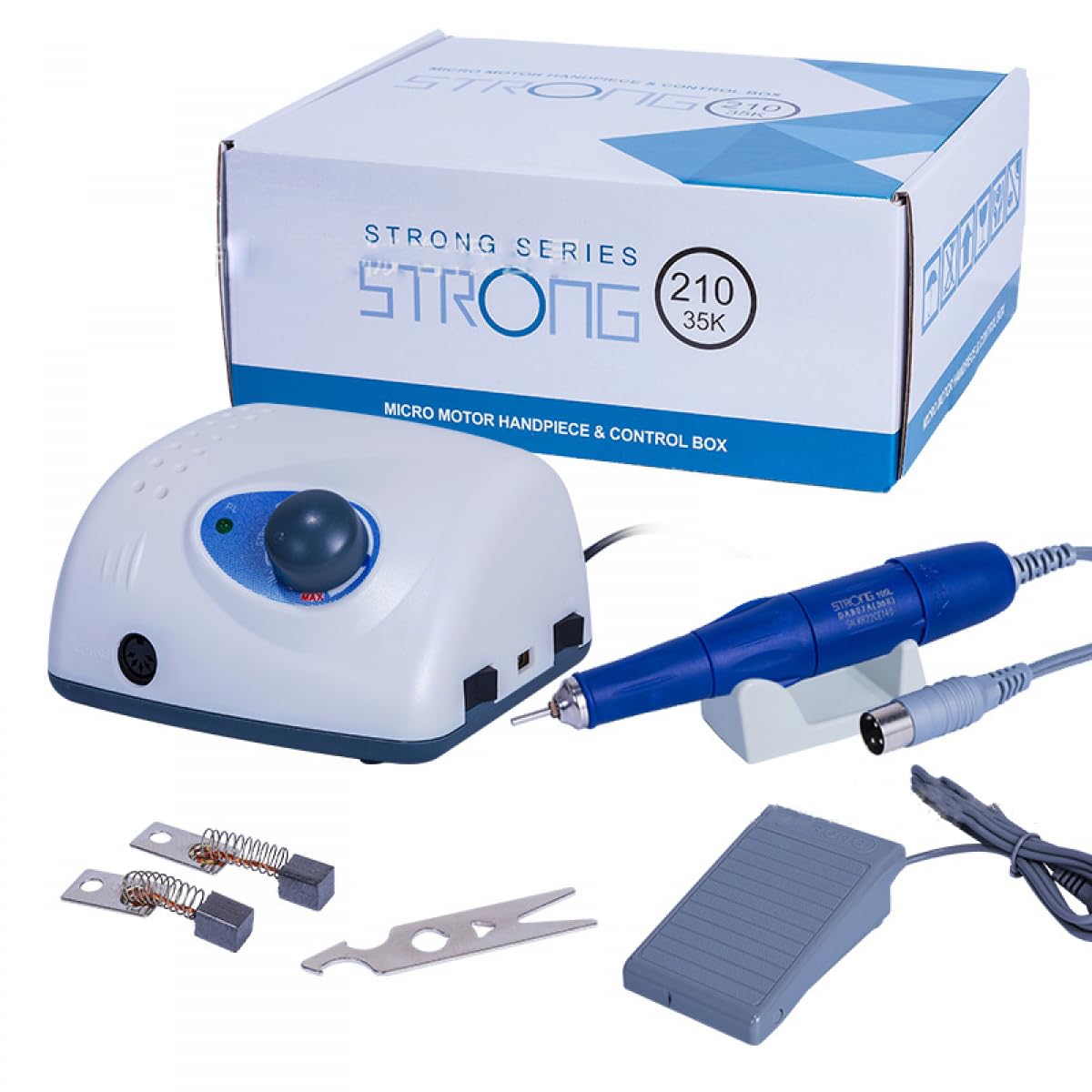 Saeshin Strong 210 Micromotor, 35000 RPM - Taladro de uñas de aluminio para cuidado profesional de uñas, laboratorio dental, funciona con pedal, tamaño de cortador de 2.35 mm, alimentado por