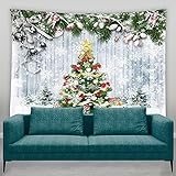 AMFD Merry Christmas Tapestry Christmas Tree Snowflake Rustic Wooden Board Farmhouse Winter Festival Xmas Happy New Year White Green Home Decor Wall Hanging Art for Living Room Bedroom Dorm 90x70 Inch