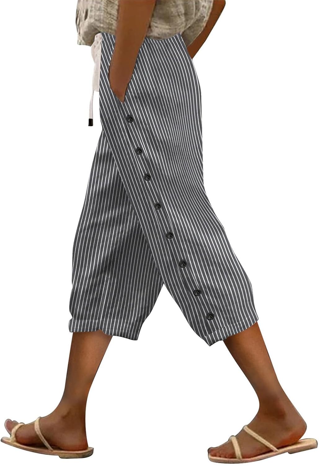 Striped Pants for Women Summer Linen Capri Pants Straight Leg Elastic Waist Pant Beach Boho Trousers with Side Button