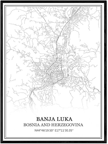 TANOKCRS Banja Luka Bosnia y Herzegovina - Póster impreso en lienzo con diseño de mapa de Bosnia y Herzegovina, sin marco, moderno, en blanco y