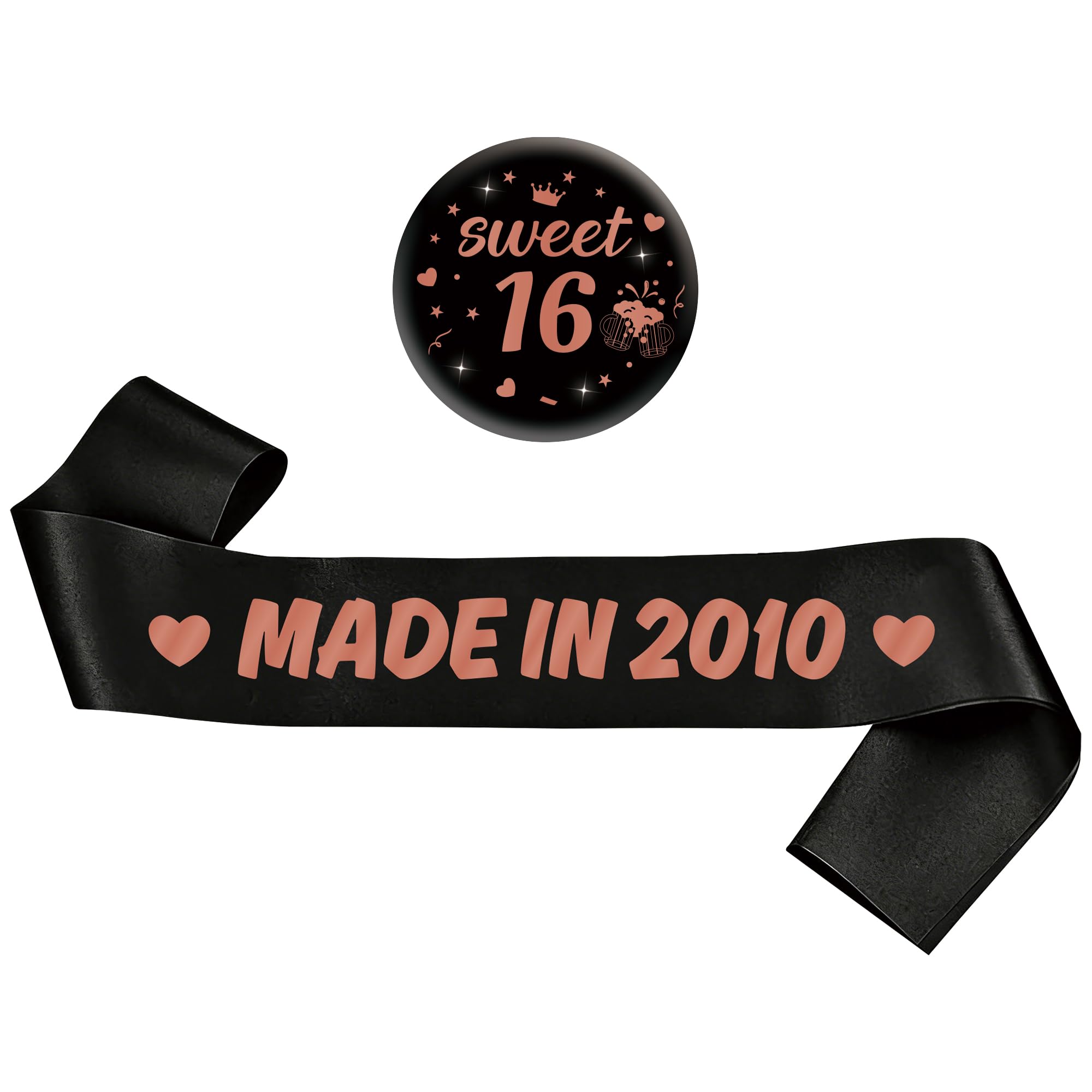 16th Birthday Decorations Gift Girl - 2 Pcs Black Rose Gold Made In 2010 Sash Sweet 16 Pin Badge Party decor Supplies for girls 16 Year Old Birthday Gift Accessories