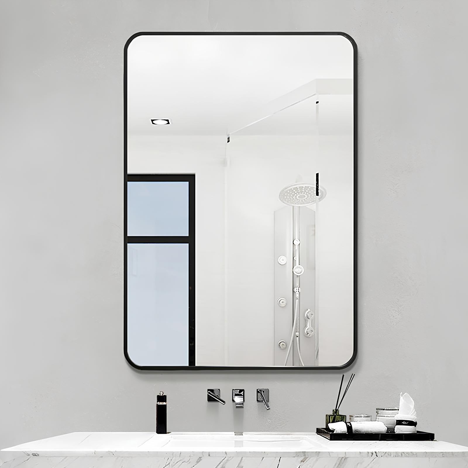 Badspiegel Mit Metallrahmen Für Über Dem Waschbecken, Moderner, Dekorativer Duschspiegel, Rechteckiger Kosmetikspiegel, Vielseitiger Wandspiegel Für Das Schlafzimmer(Schwarz,60*80cm/23.6*31.4in)