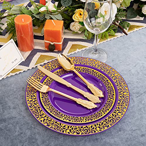 U-Qe 150Pcs Purple Gold Plastic Plates With Gold Plastic Silverware, Gold Plastic Plates For Mother's Day Include 30 Dinner Plates 10.25", 30 Salad Plates 7.5", 30 Forks, 30 Knives, 30 Spoons #TOP3