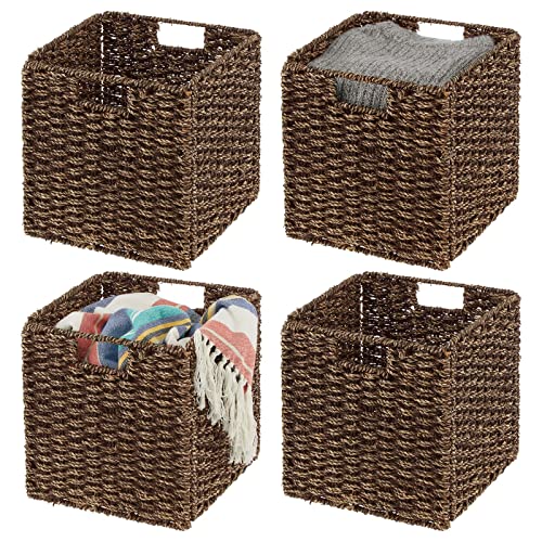 Mdesign Seagrass Woven Cube Basket Organizer With Handles - Storage For Bedroom, Office, Living Room, Bathroom, Perfect For Cubby Storage Units - Hold Blankets, Magazines, Books - 4 Pack - Brown Wash #TOP15