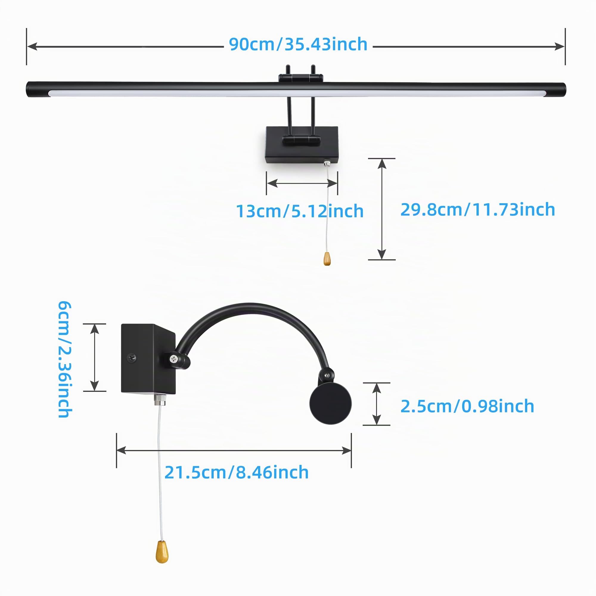 MantoLite LED Lámparas de Pared 16W,Interior Iluminación para cuadros y expositores Con Cabeza de Lámpara Giratoria e Interruptor,Baño Espejo Apliques de Pared 90CM 3000K Luces de Lectura(Negro)