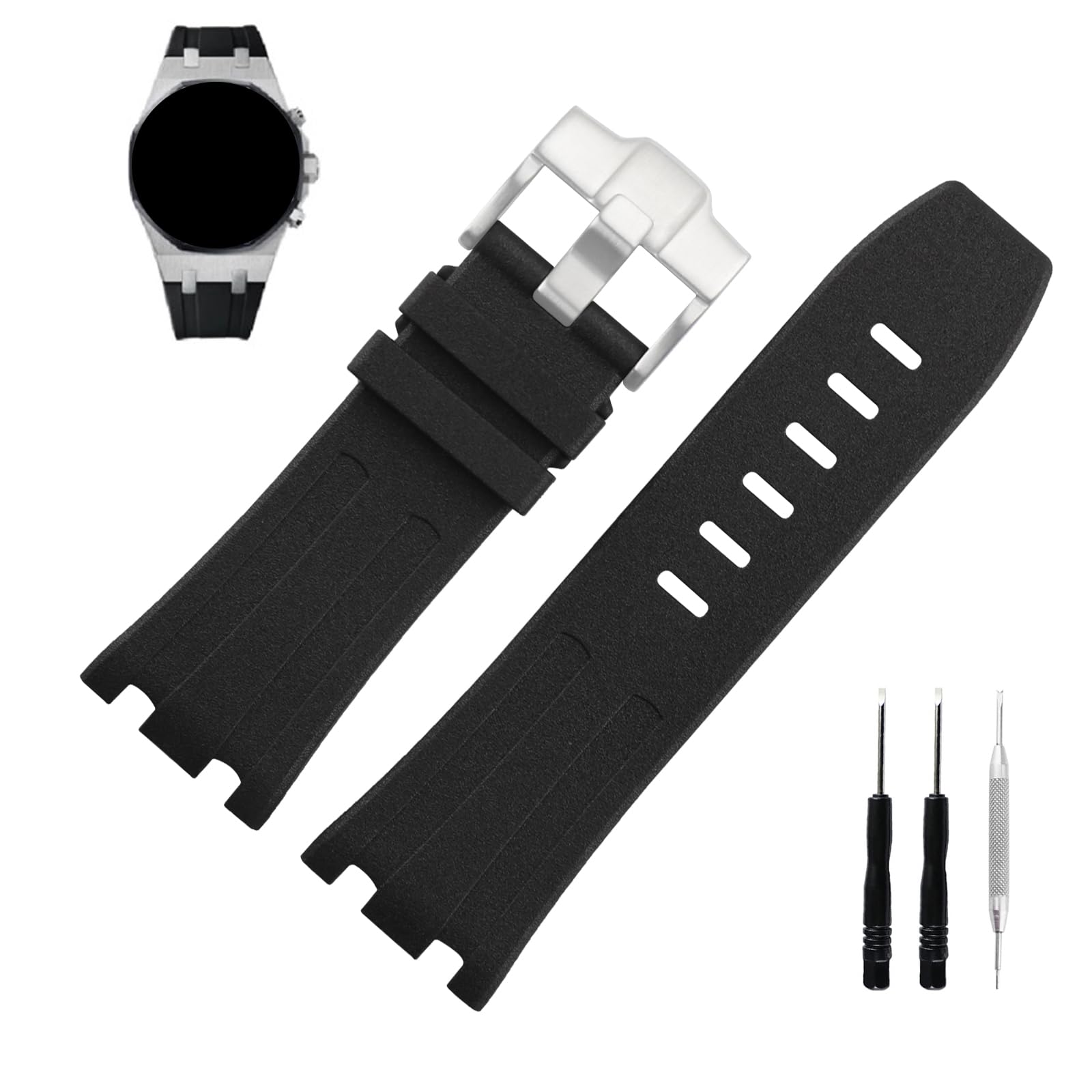 MMBAY Rubber 28MM Watch Bands Compatible Fit for Audemars Piguet AP Royal Oak Offshore 15703(Men's style) 15710 26170 26176 26237 26470 26703 Silicone Strap Wirstband for Men Women Bracelet Watch accessories, Silver