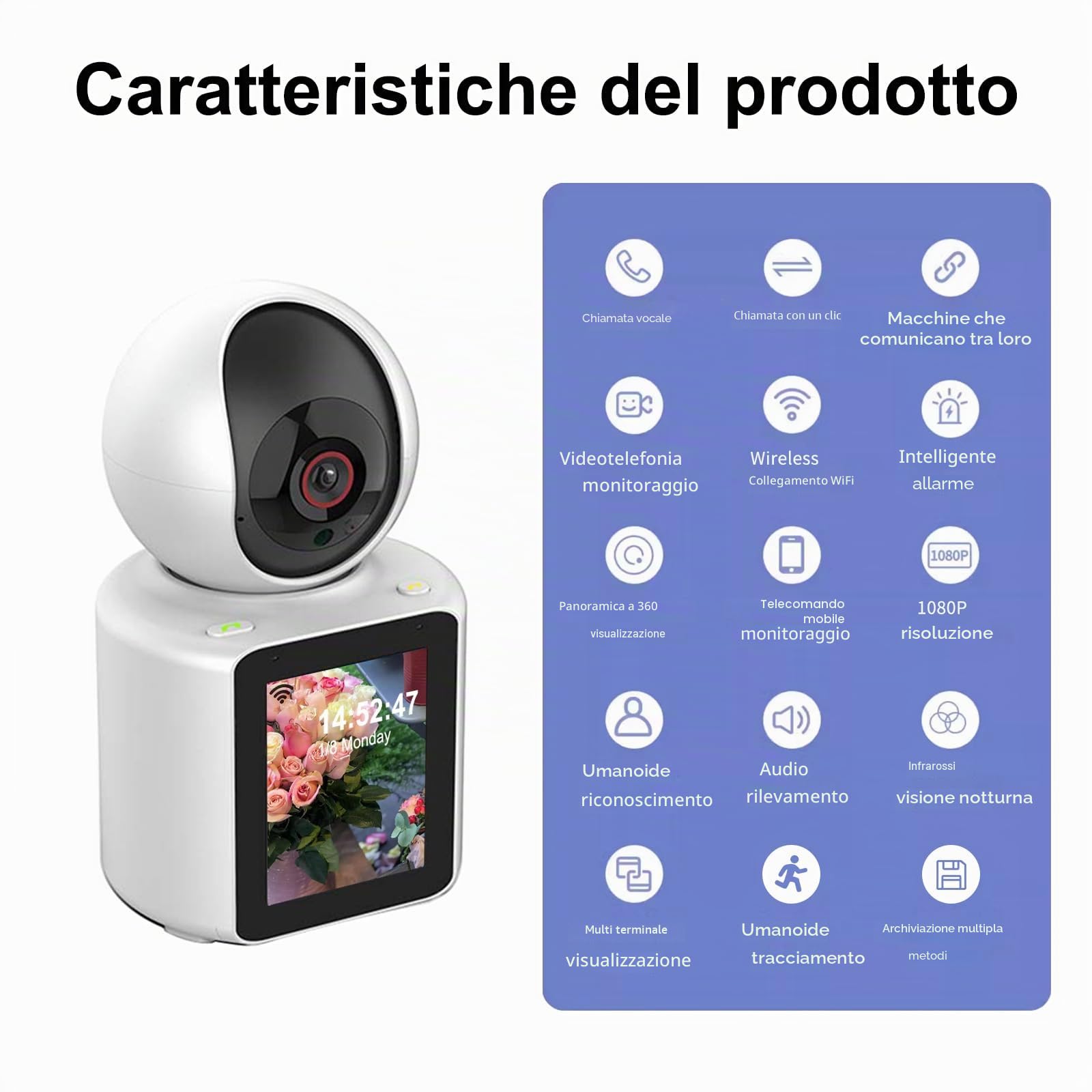 Telecamera WiFi interni, orientabile, videochiamate, videocamera intelligente, monitoraggio video per bambini, display HD da 2,8 pollici, con IR notturno