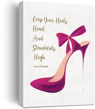 Coco Chanel Quotes Framed Wall Art Prints, Keep Your Heels Head Standards High Canvas Fashion Painting Poster for Girls Room Makeup Room Beauty Salon,Fashionable Gift for Woman,Read to Hang 12X15