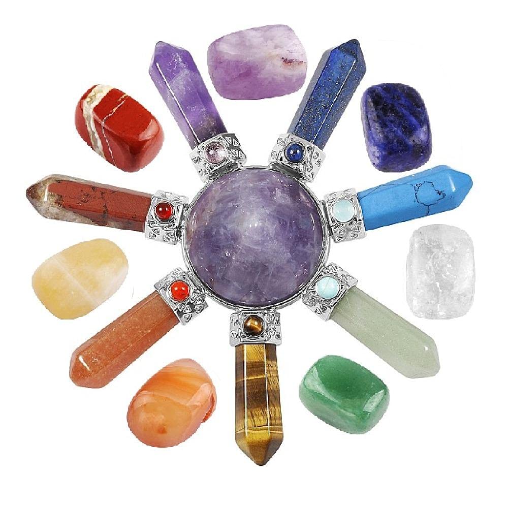 Kit de cristales, 7 piedras de chakra y 7 puntos de Cono de Chakra Generador de energía para Reiki, conjunto de meditación de equilibrio-Conjunto de cuarzo rosa