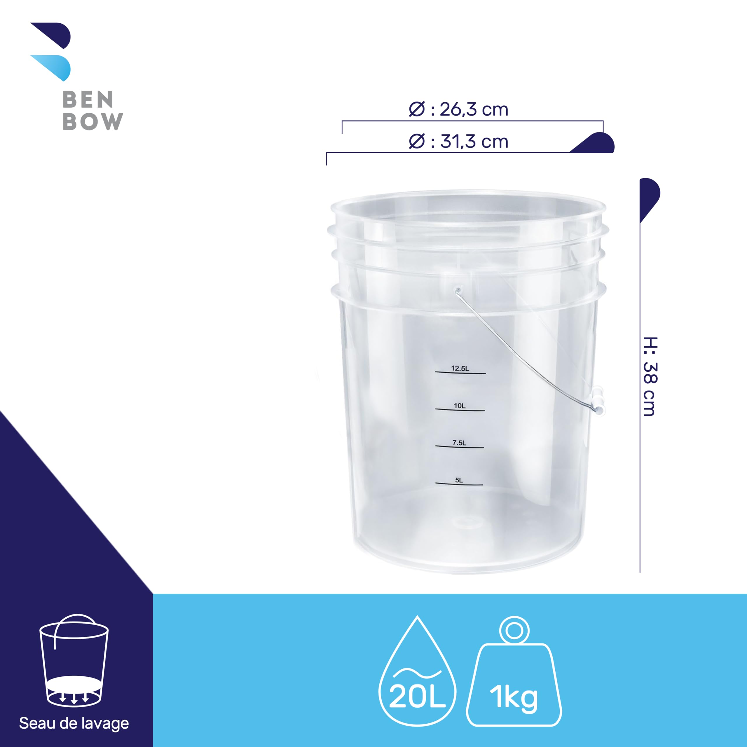 BenBow Seau de Lavage Transparent de 20 litres avec Grille de Lavage filtrante - idéal pour Le Lavage à la Main de la Voiture, Durable et Polyvalent