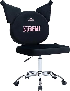 Impressions Vanity Kuromi Swivel Vanity Chair with Wheels | Adjustable Height Silver Metallic Base 360-Degree Spin Armless Padded Cute Velvet Makeup Vanity Chair | Cute Desk Chair for Bedroom, Black