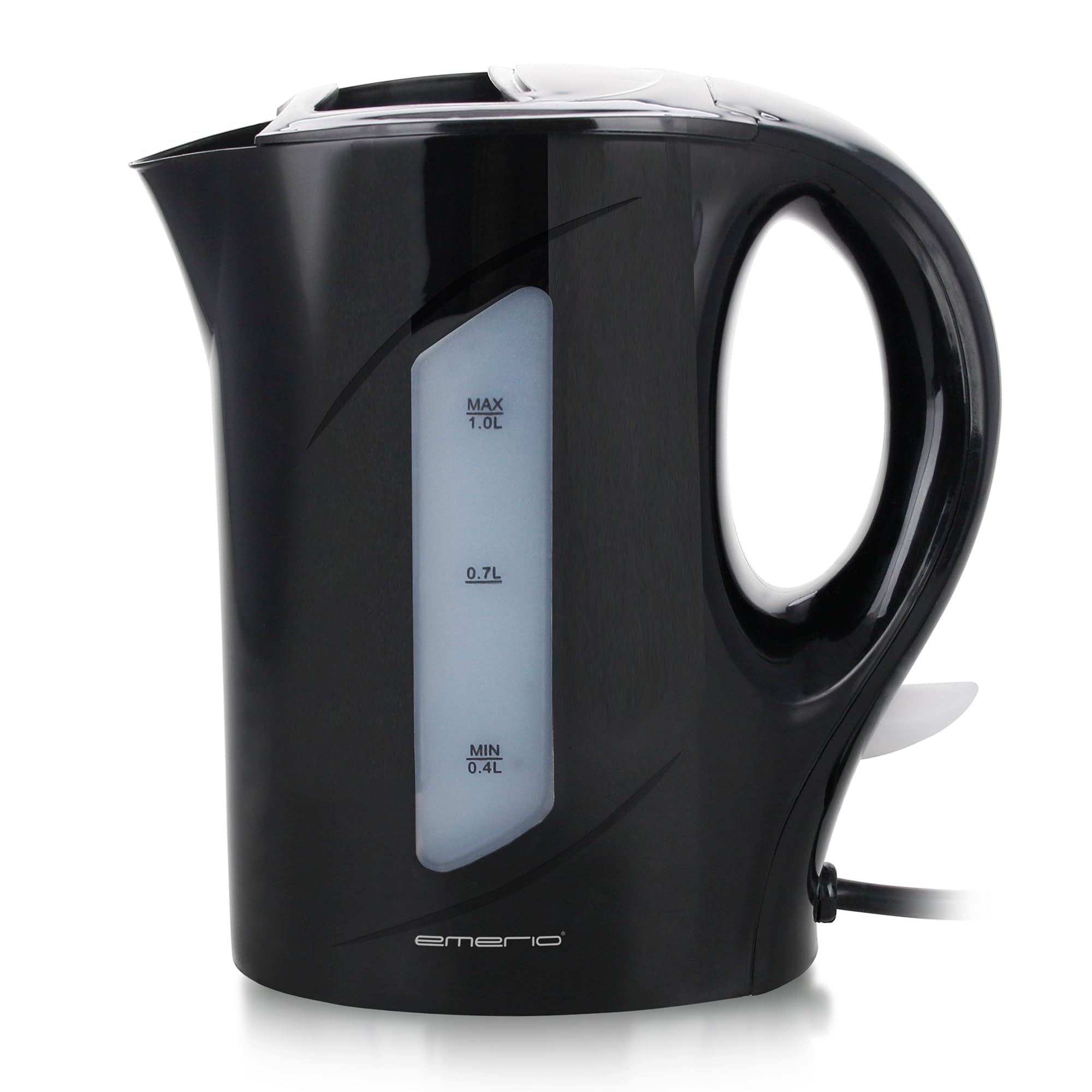 Emerio Wasserkocher, 1.0 Liter, 900 Watt, Wasserstandsanzeige, Trockengehsschutz, beleuchteter Ein-/Aus-Schalter, ideal für Zuhause, Camping oder Büro, WK-121616.1, Schwarz