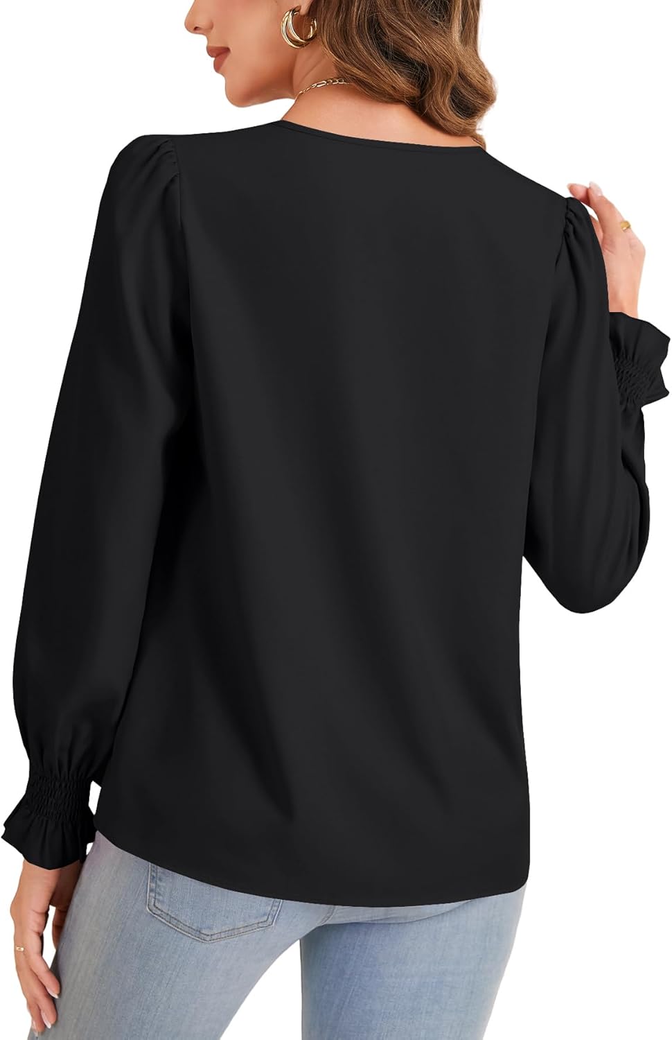 Vrtige Women's Lace Trim V Neck Lantern Long Sleeve Elegant Business Office Blouse Shirt - Image 5