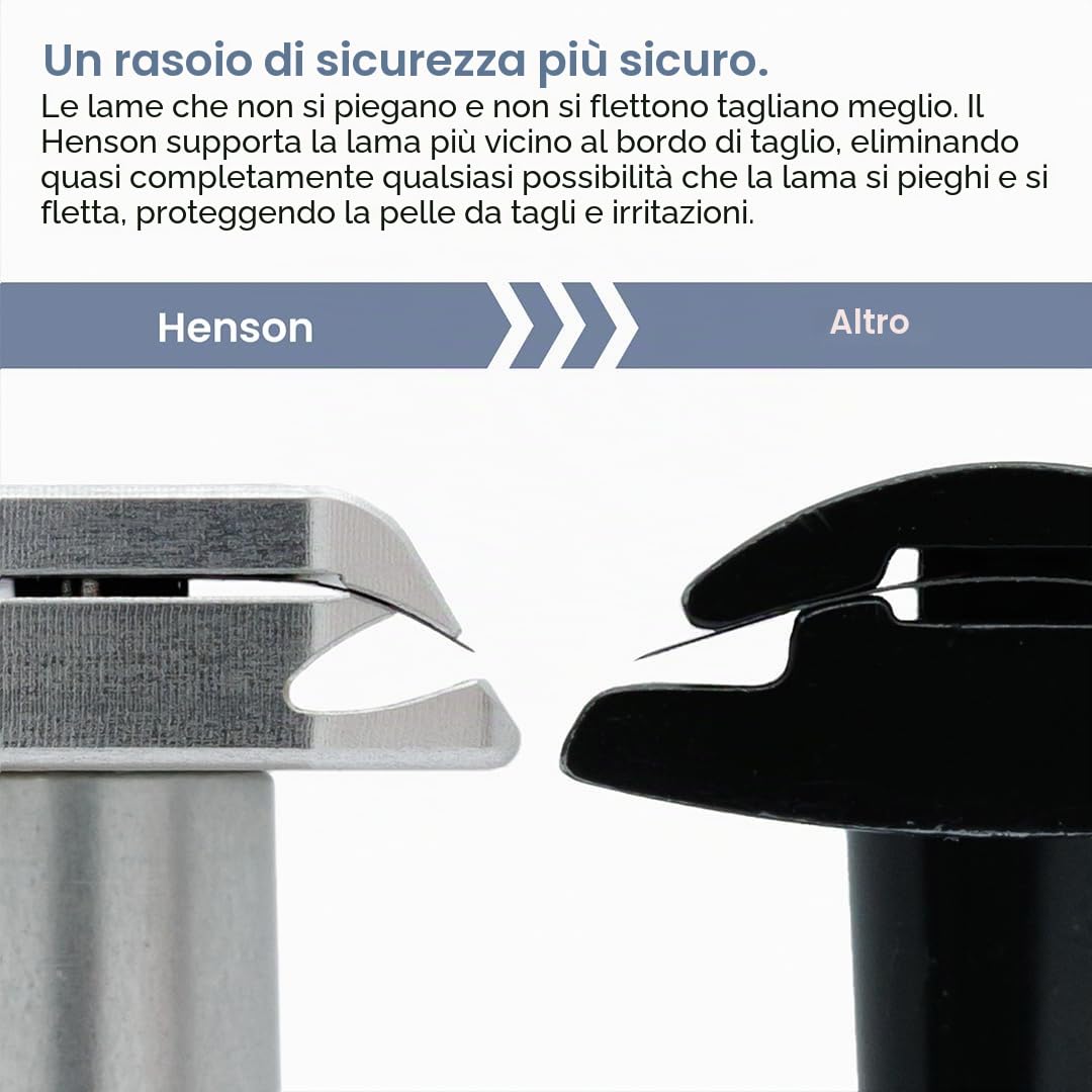 Henson Shaving Rasoio di Sicurezza Jet Black + 5 Lamette | Aggressività lieve, corpo in alluminio blu acciaio, stile classico, unisex, 5 lame di ricambio incluse