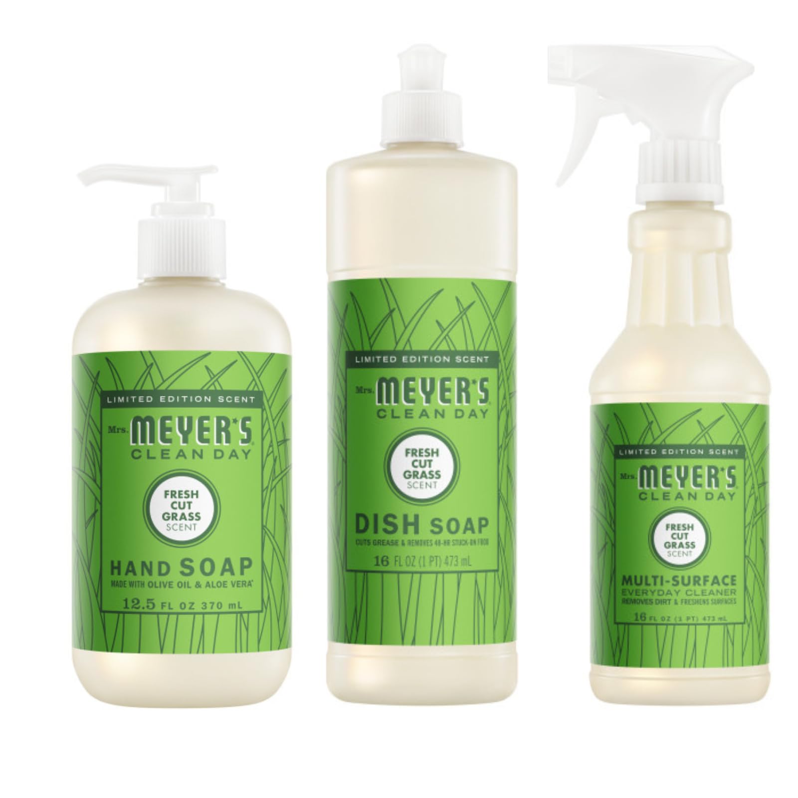 Mrs. MEYER'S CLEAN DAY Fresh Cut Grass 3 Pack Variety, Liquid Hand Soap 12.5 OZ, Liquid Dish Soap 16 OZ, Multi-Surface Cleaner 16 OZ, 1 CT
