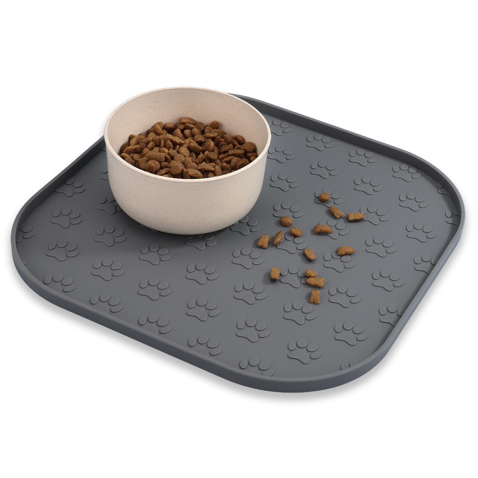 Pet Feeding Mat, Waterproof Anti-slip Placemats for Dog Cat Bowl Silicone Pet Food Mat, Raised Edge Prevent Spills on Floor & Carpet, Dishwasher Safe (Grey, 28cm x 28cm) — image 1