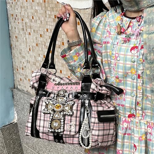 Gothic Tote Bag Womens Rhinestone Cross Leather Canvas Handbag Pink Plaid Punk Y2k 2000s Accessories Goth Bag4