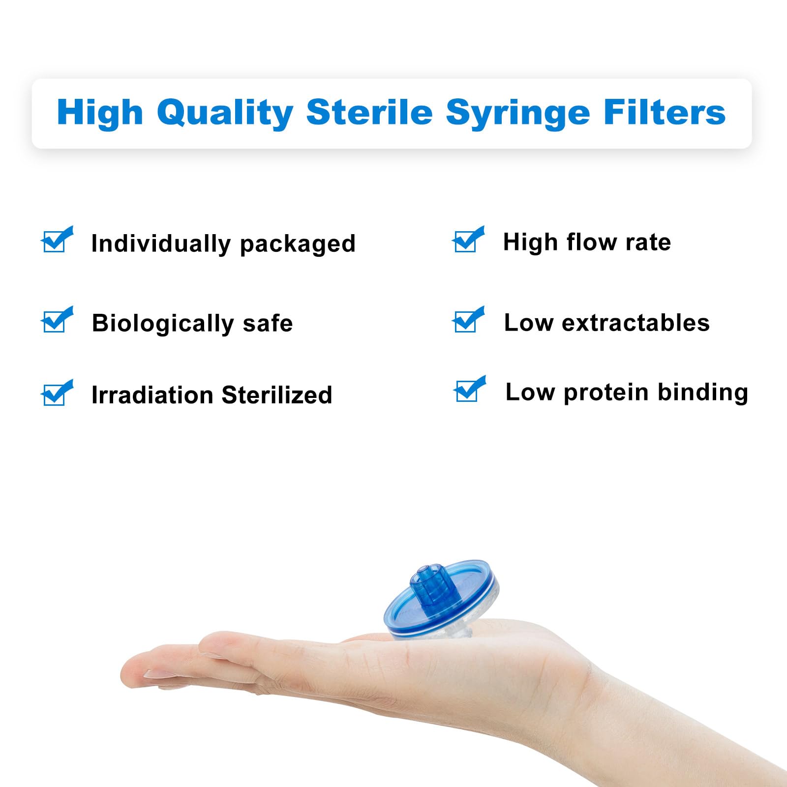 100 filtros de laboratorio de jeringa, filtros hidrófilos PES estériles, tamaño de poro de 0,22 um, diámetro de membrana de 33 mm para laboratorio científico biométrico, empaquetado