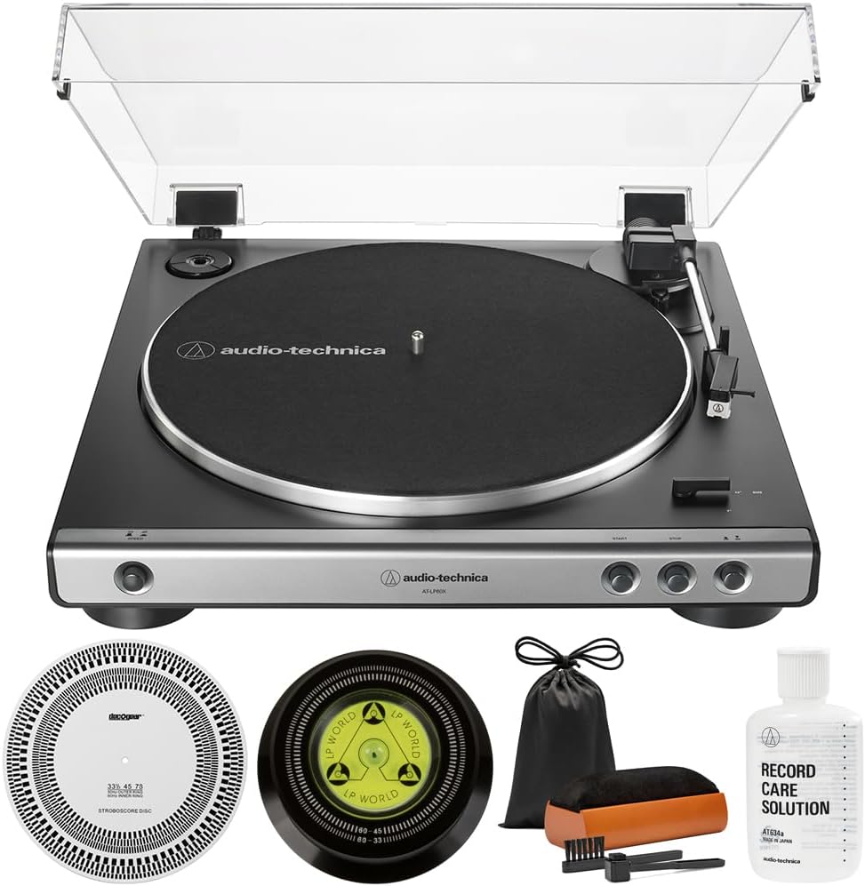 Audio-Technica AT-LP60X-GM Plato giratorio de transmisión por correa totalmente automático 33-1/3 y 45 RPM - Paquete de metal/negro con solución de cuidado de registros, kit de limpieza de engranajes decorativos, estroboscopio y estabilizador de registros
