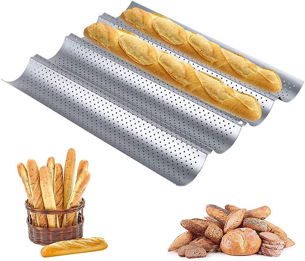 Perforated Baguette Baking Tray French Bread Baking Pan Loaves Loaf Bake Mold Pan 4 Wave Loaves Baking Beginners and Cake Lovers