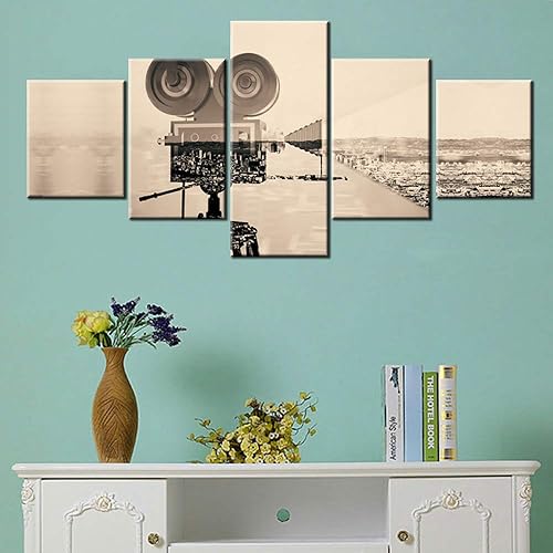 Miniatura 3 de Decoraciones de pared para sala de estar, imágenes de cámara de estilo antiguo, pinturas de la industria cinematográfica, 5 paneles, lienzo marrón,