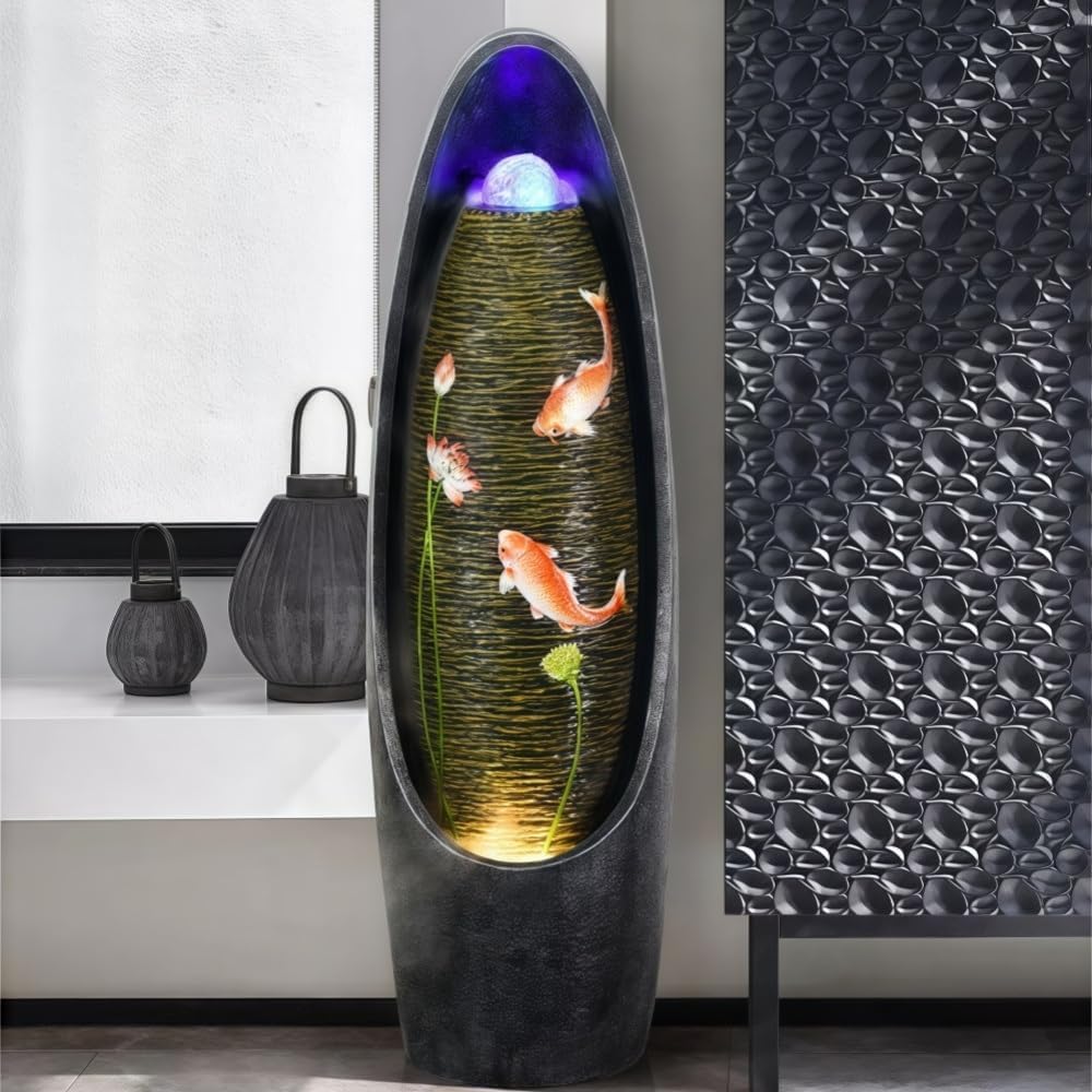 Tall Outdoor Garden Fountain with LED Lights, Jar Water Fountain, Floor Standing Fountains Waterfall for Relaxing Patio Yard Porch(Black)