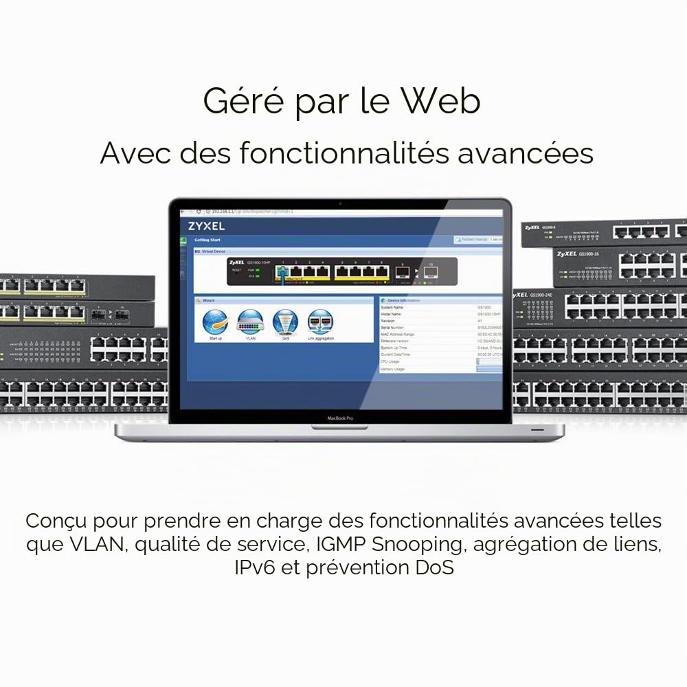 Zyxel Switch 8 ports Gigabit PoE | Gestion intelligente | Montage sur bureau, sur mur et sans ventilateur | 8 ports PoE+ avec une puissance de 70 Watts | |VLAN, IGMP, QoS| Garantie à vie [GS1900-8HP]