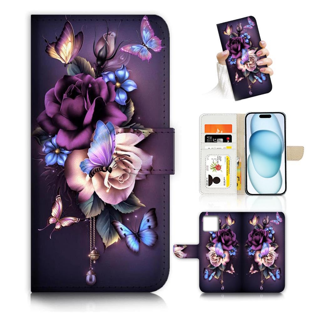AJOURTEK for iPhone 15 Art Designed Flip Wallet Style Cover Case Fancy Flower Full Body Protection AD003 (#24886 Purple Rose Flower)