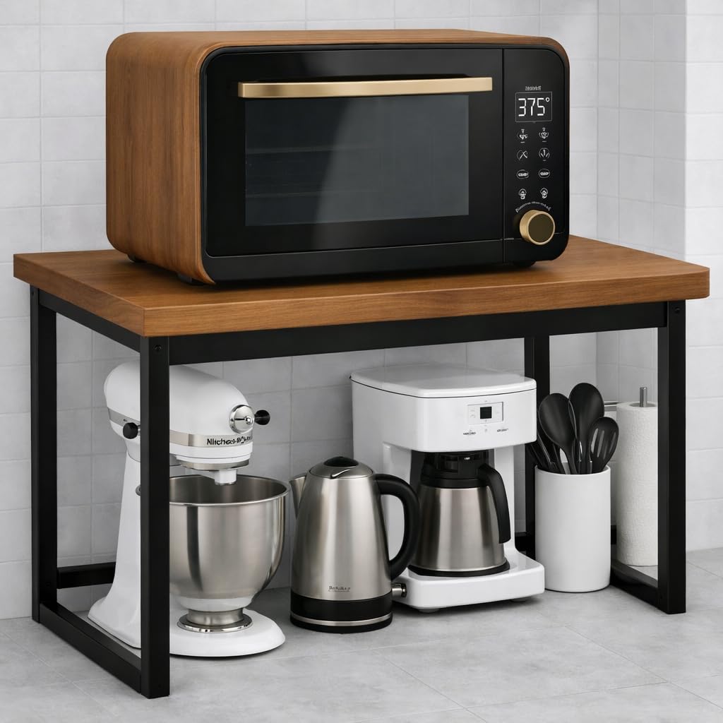 MTANK Kitchen Countertop Organizer Rack for Microwave, Toaster & Jars – Sturdy Wooden & Metal Frame Stand with Storage Shelf | Large Spice Rack Storage Counter Shelf–Black Microwave Stand | (Brown)-image-20