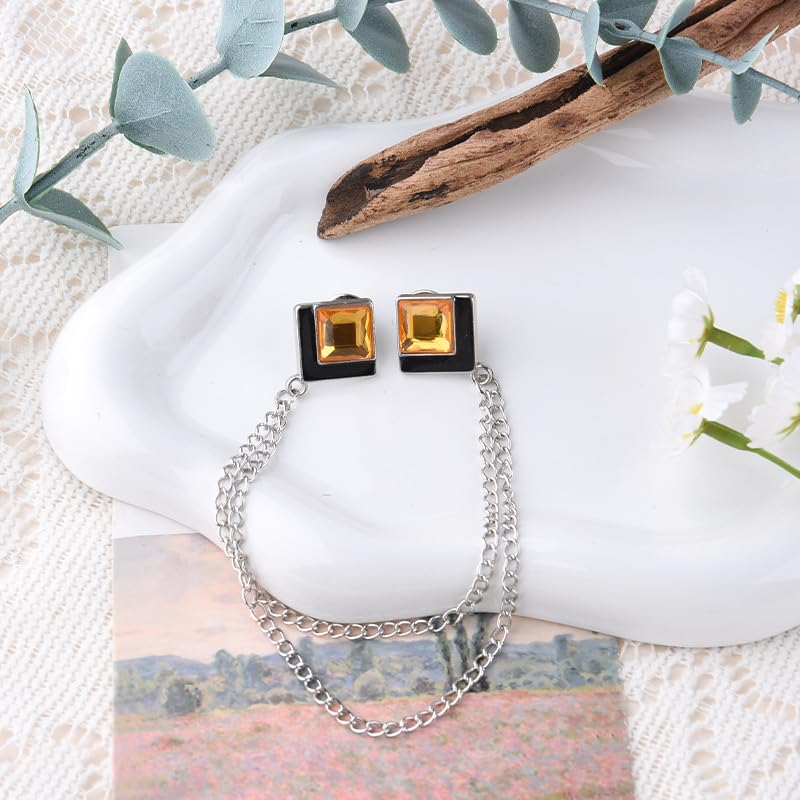 Image of Gem Brooch Pins Hanging Chain Lapel Pin for Men Suits Shirt Collar Brooch Square Crystal Brooch Pin Rhinestone Lapel Pins for Men Tassel Chain Brooch Collar Pins Business Suit Shirt Accessories