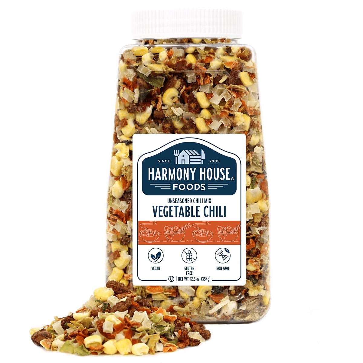 Harmony House Plain Vegetable Chili Mix – Gluten Free, Low Sodium, For Cooking, Camping, Emergency Supply & More (12.5 oz. Jar)