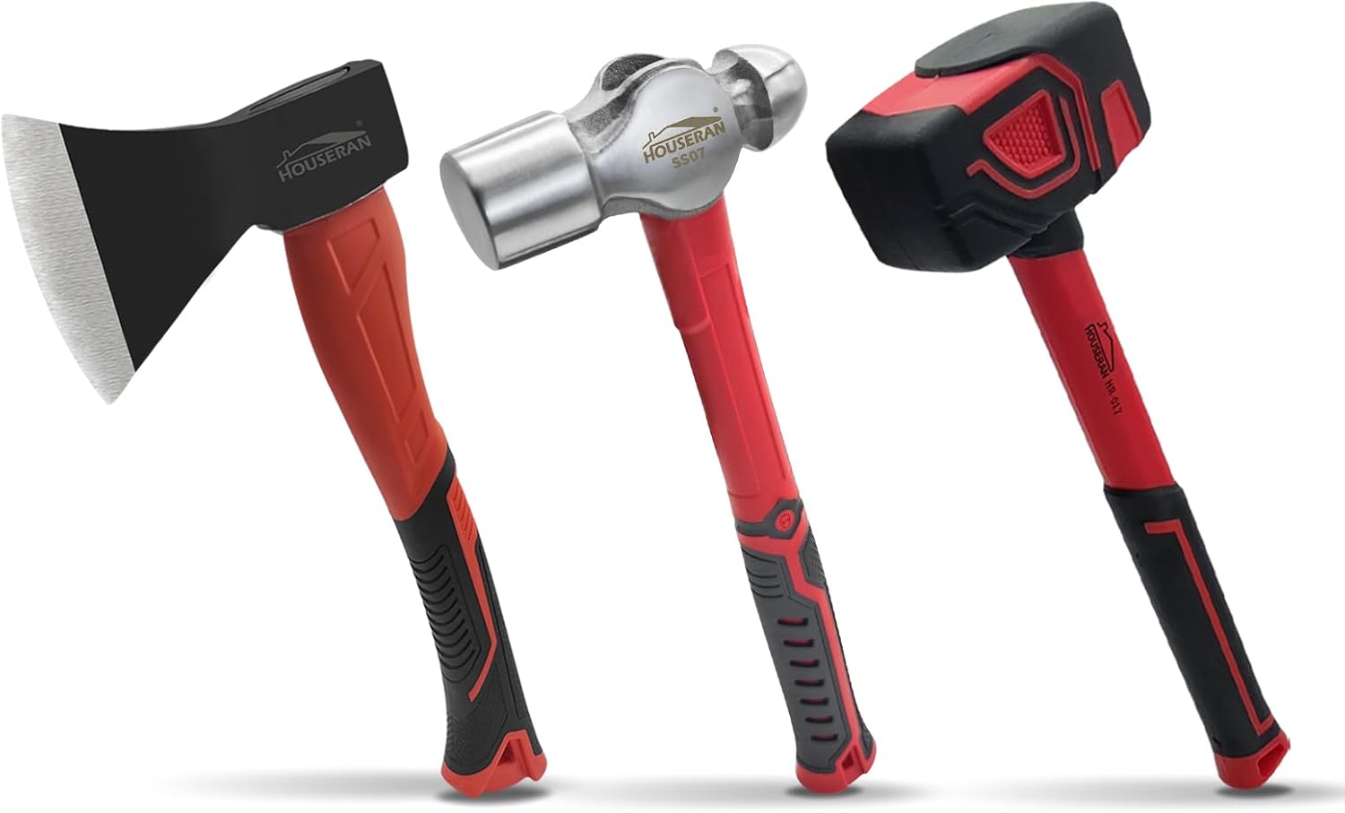 3 Piece Hammer Set, 14" Camping Axe, Ball Peen Hammer 1.1kg, 20oz Rubber Mallet, Ball Pin Hammers, Large Hammer, Suitable for Camping, Woodworking, Mechanical Repair