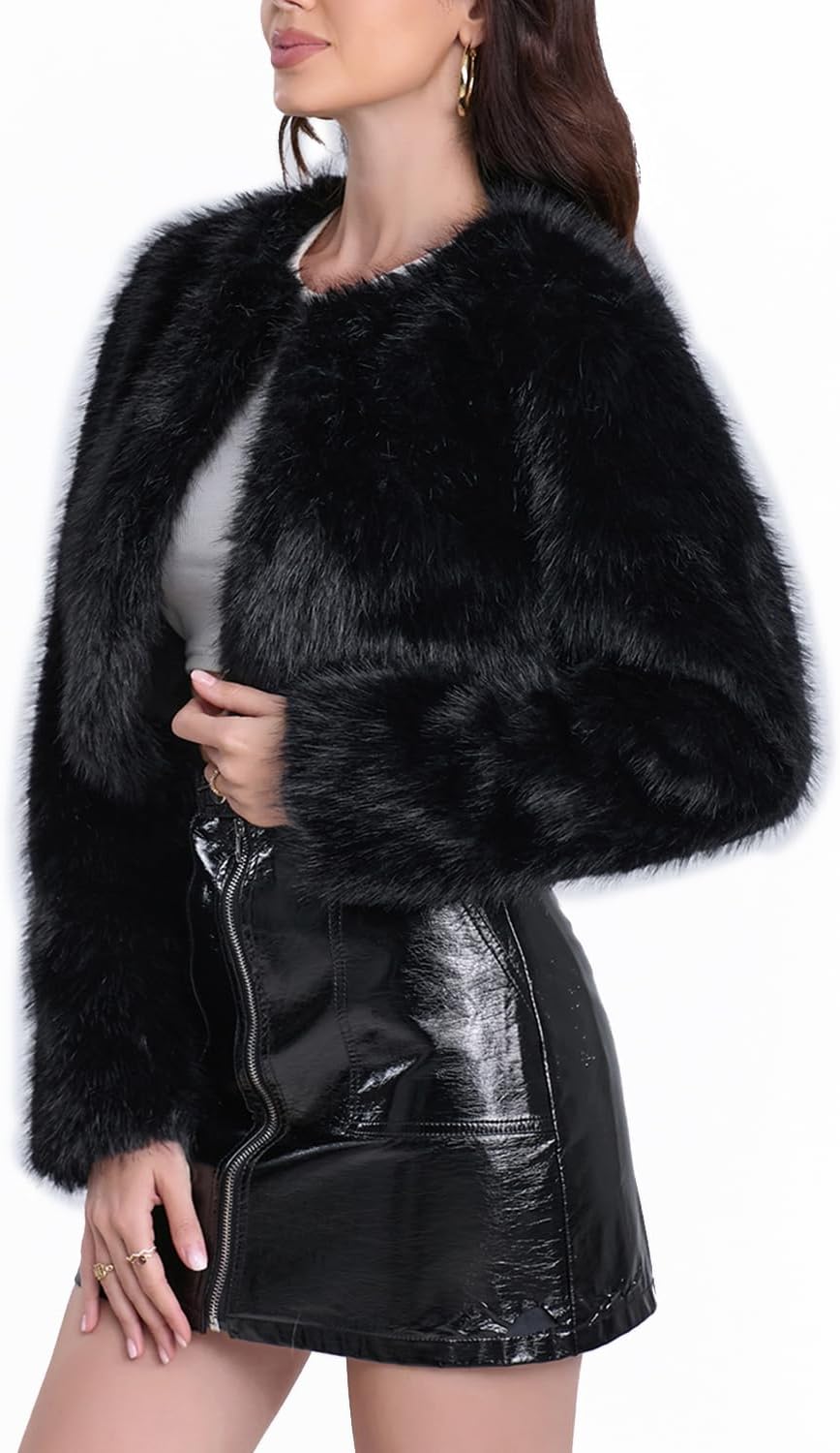 Women's Faux Fur Cropped Coat Long Sleeve Open Front Winter Jacket - Image 3