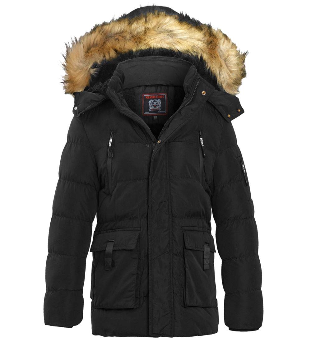 SS7 Garçons rembourrée Parka Age 5 7 8 9 10 11 12 13 16 Ans Veste Fausse Fourrure Noir