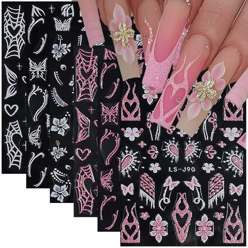6 Sheets Glitter Butterfly Nail Stickers for Aurora Pink White Flame Butterflies Love Heart Designs Decals 3D Self-Adhesive Sparkle Luxury DIY Nail Art Supplies