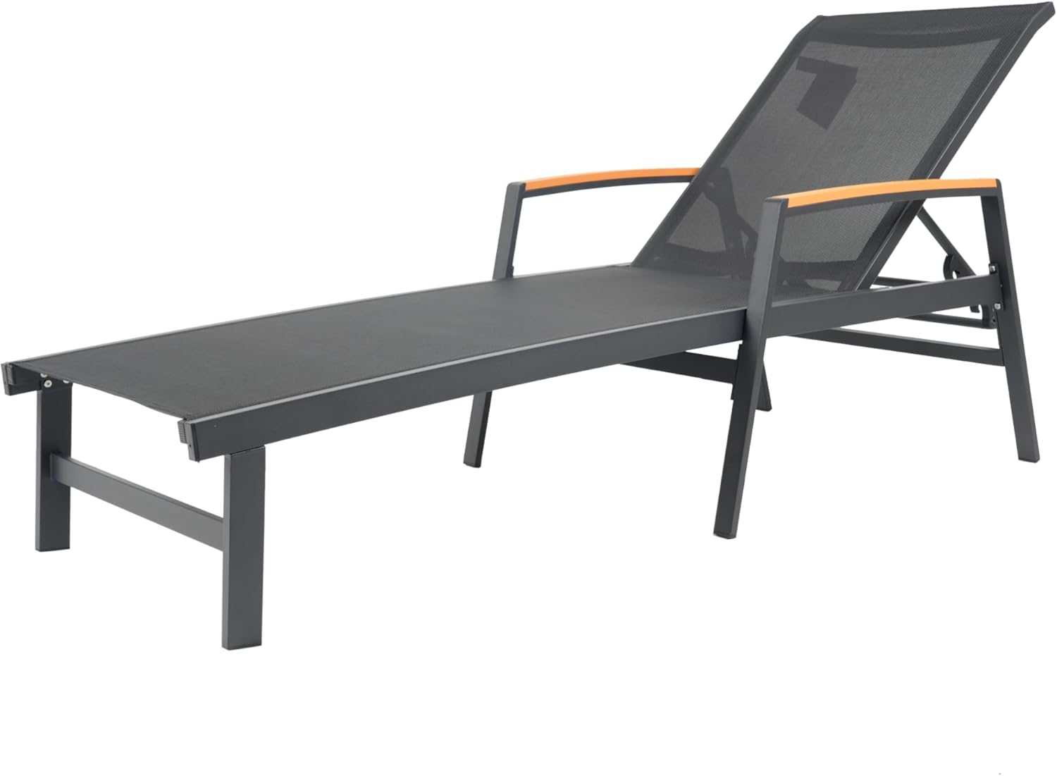 roomfitters Oaxton Outdoor Aluminum Chaise Lounge with Mesh Seat, Adjustable Recliner, Black Set of 2