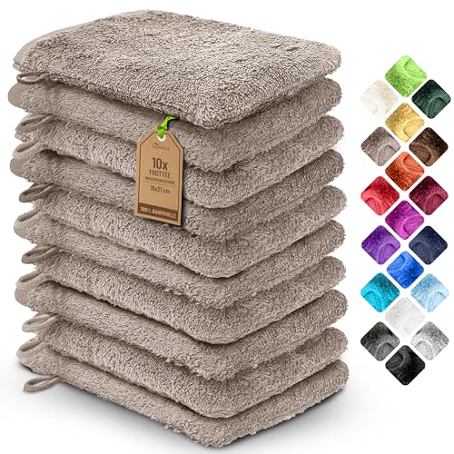 NatureMark 10x Waschhandschuhe aus Frottee 100% Baumwolle – Weich und Robust, Ideal für die tägliche Pflege und Gäste – Sand/Beige, 15x21 cm