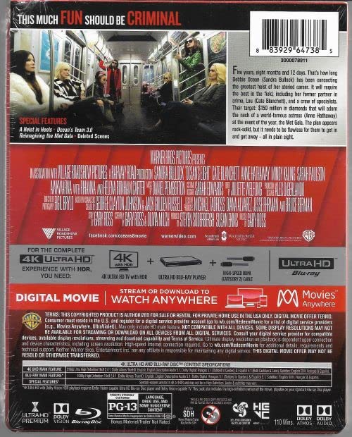 Oceans 8 (u.s. Exclusive Steelbook - 4k Ultra Hd + Blu-ray) Sandra Bullock