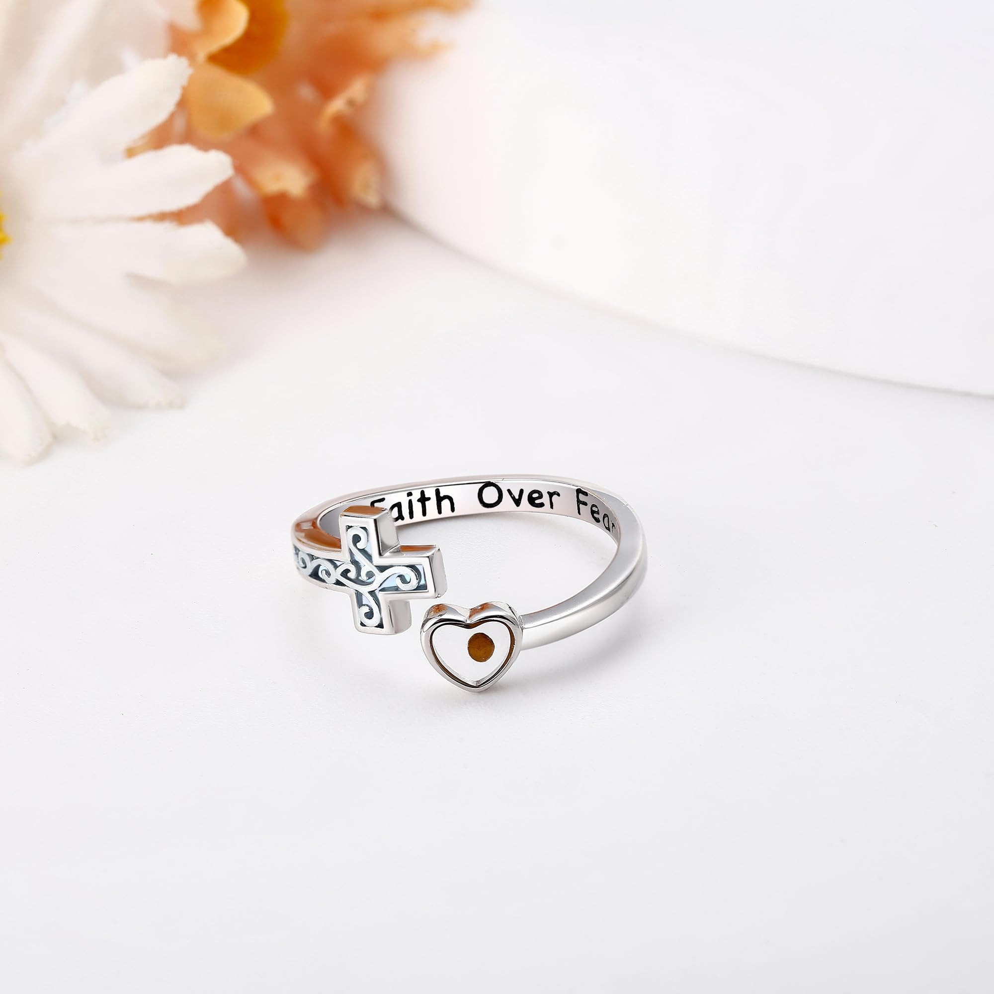 Anello a croce in argento Sterling con croce di fede/senape, regolabile, anello di fede cristiana, gioielli religiosi, regalo per donna, One-Size, metallo prezioso, Non pietra preziosa