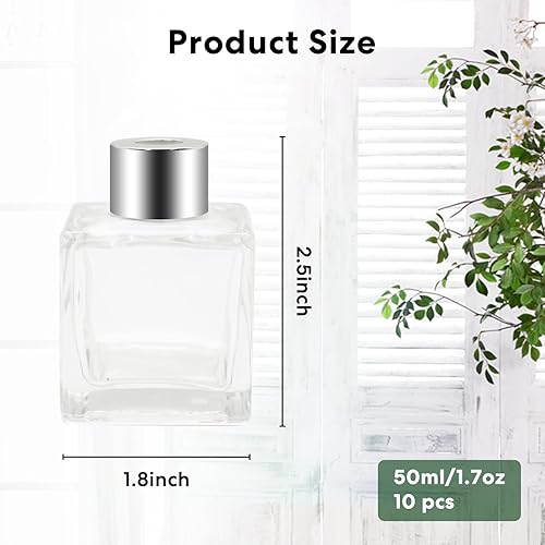 Miniatura 2 de 10 botellas difusoras de varillas de vidrio cuadradas vacías con tapas plateadas de 1.7 onzas, difusores de aromaterapia recargables, frascos
