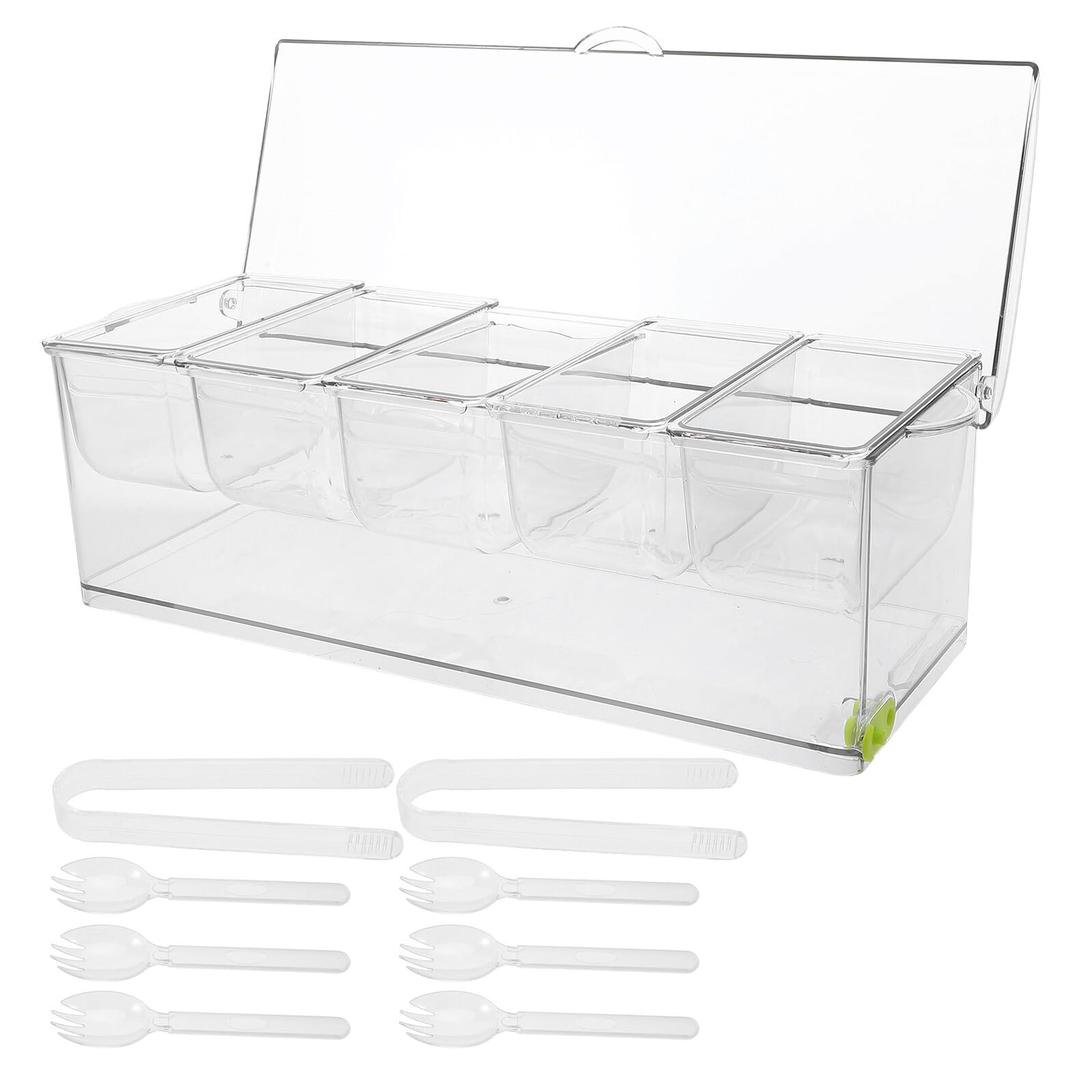 VICASKY Portacondimenti Refrigerato con Coperchio in Plastica Trasparente Vassoio per Guarnizioni da Bar a 5 Scomparti con Base Ghiacciata Set per Buffet di Cibi Freddi Frutta
