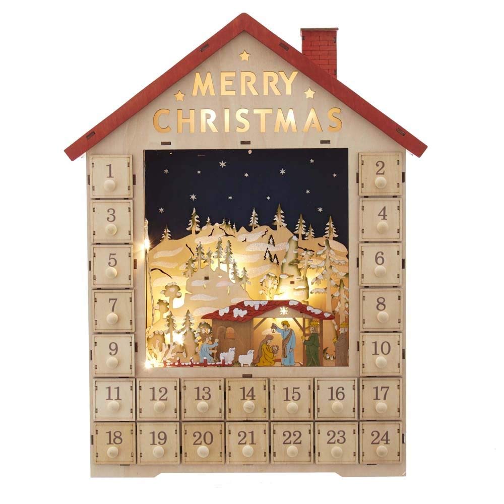 Kurt S. Adler 19" Batteriebetriebenes beleuchtetes Haus mit Weihnachtskrippe, Adventskalender, Multi