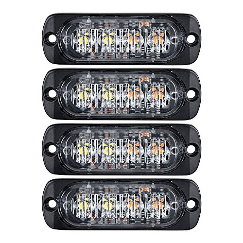 4pcs Universal Super Thin Car Truck Warning Caution Emergency Construction Flashing Strobe Light Bar (4-LED, White & Amber)