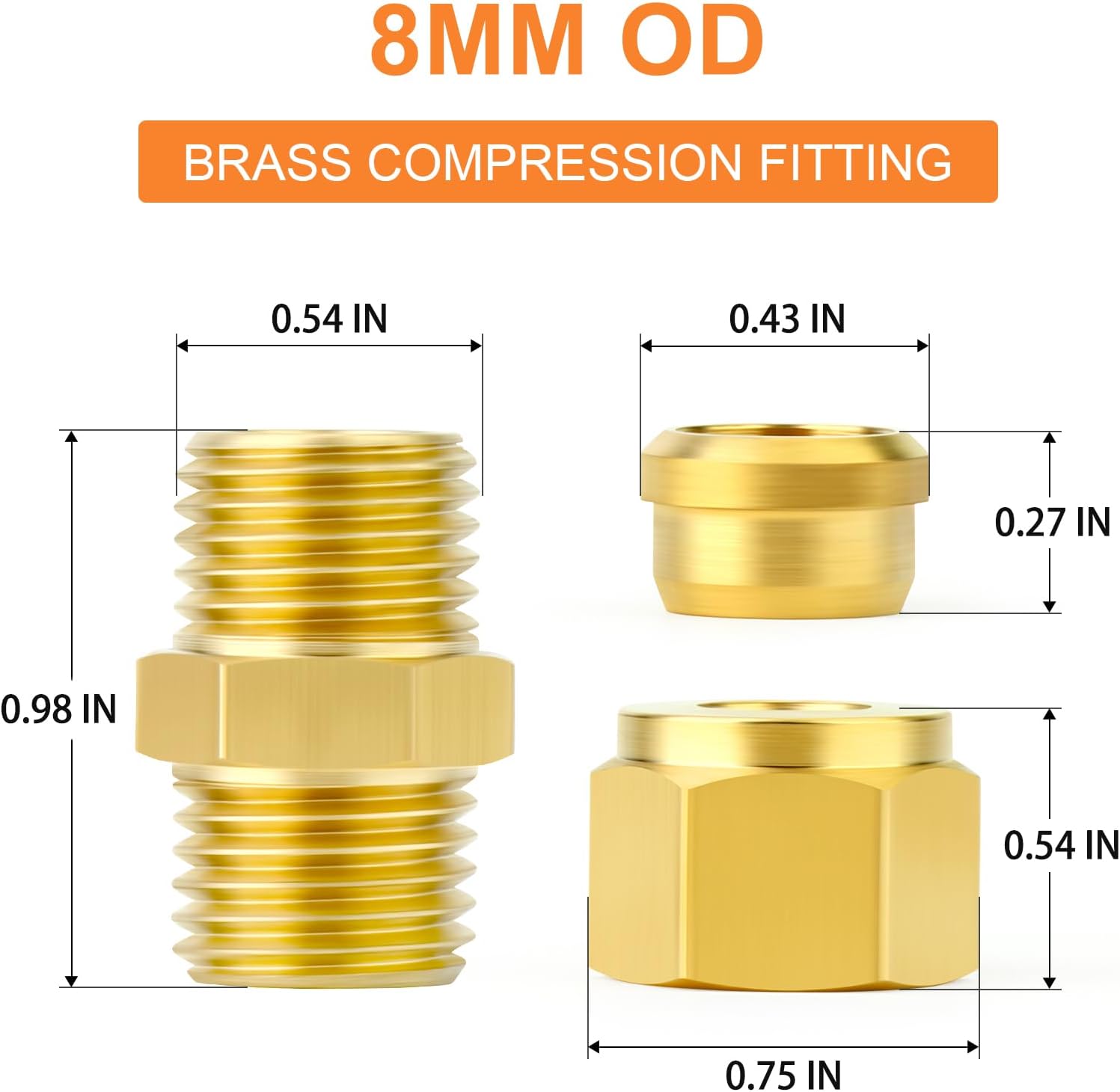 GASHER 5PCS Brass Compression Tube Pipe Fitting Connector, 8mm Tube OD Connector