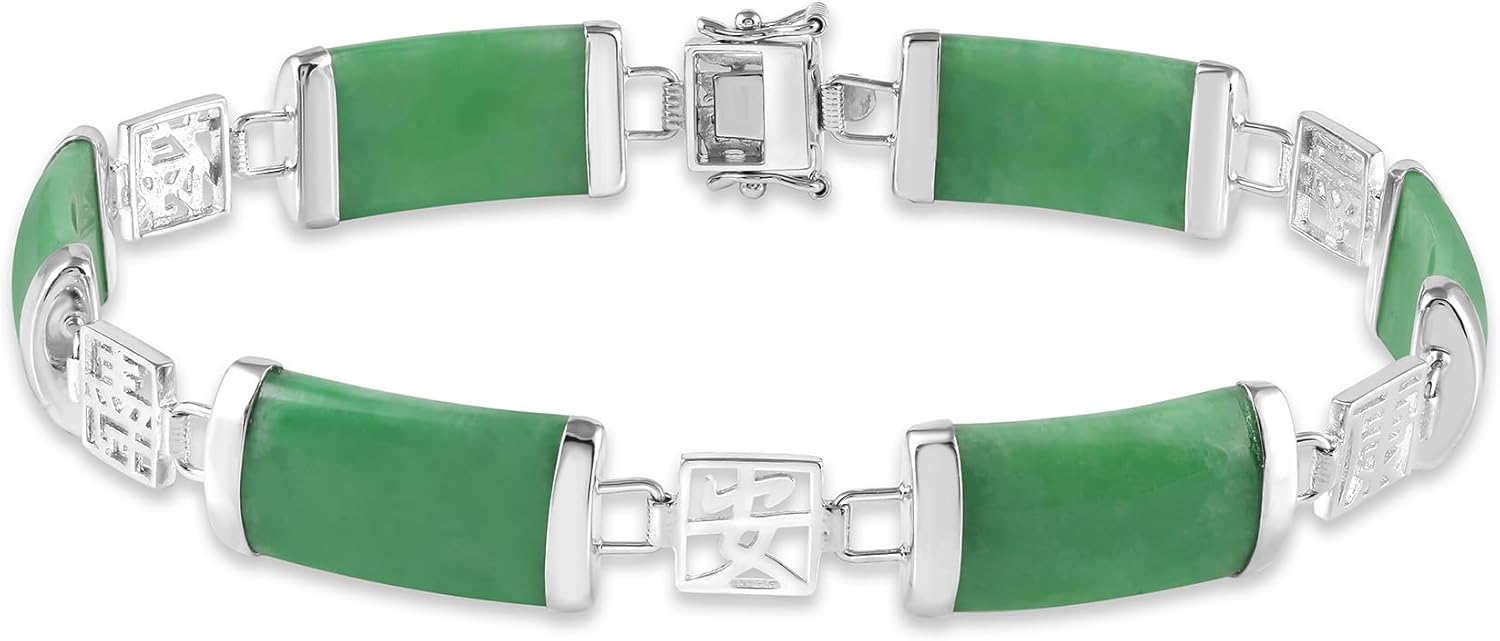 Belacqua Natural Green Jade Good Fortune Link Bracelet in Sterling Silver, Lenght - 7.5 Inches, Fashion Jewelry for Women, Gift Box Included