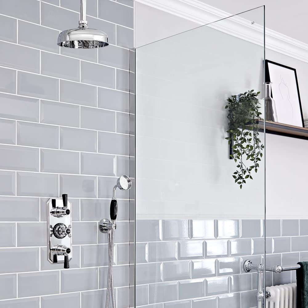Milano Elizabeth Thermostatic Mixer Valve Hand Shower Handset 205mm Round Shower Head - Chrome Black