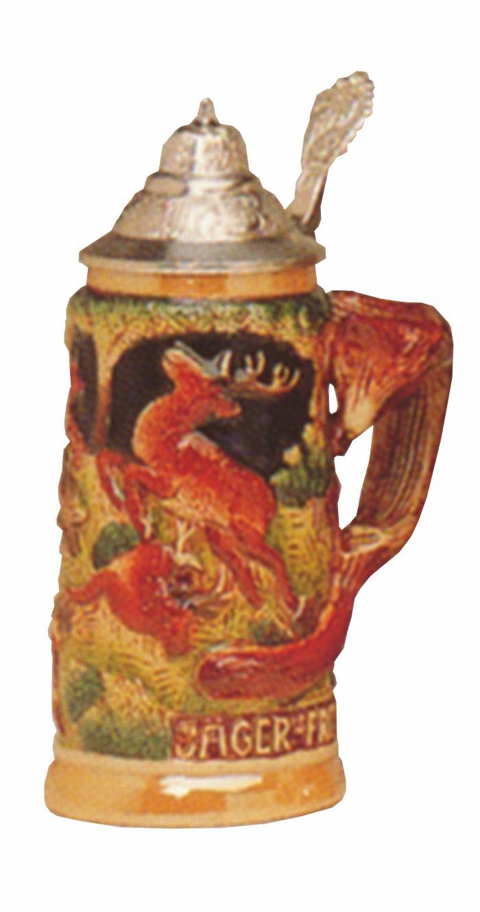 KING Jarra de cerveza alemana con asa de zorro, caza, jarra 0,4 litros