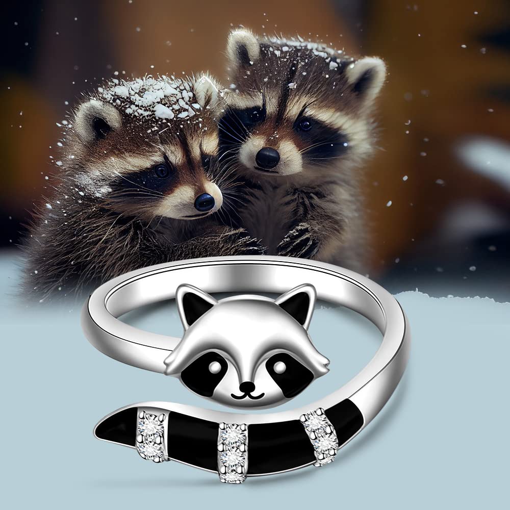 Anillos de mapache ajustables para mujeres, adolescentes, niñas, de plata de ley, lindos y divertidos anillos abiertos de animales, regalos de joyería para amantes del mapache, talla 8